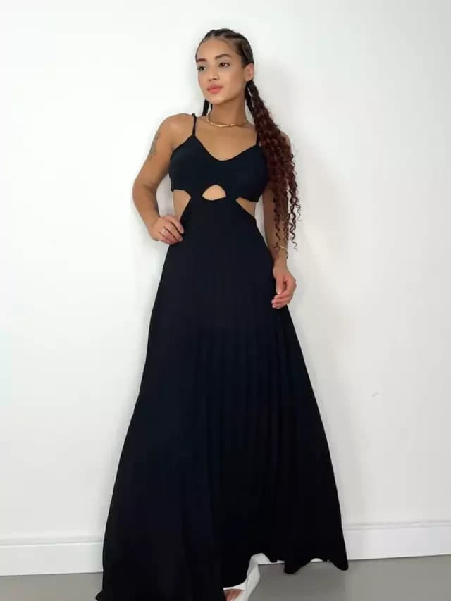 Vestido Feminino Longo em Duna Plissado com Amarração e Recorte Kaiane Ref. 1330
