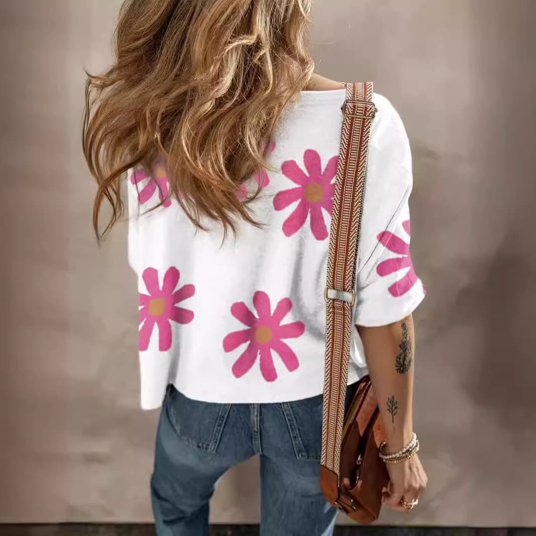 Blusa feminina casual de manga curta com estampa floral