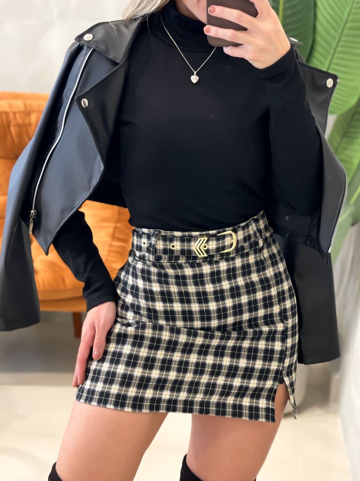 Shorts Saia Xadrez com Cinto Paloma Ref. 1528