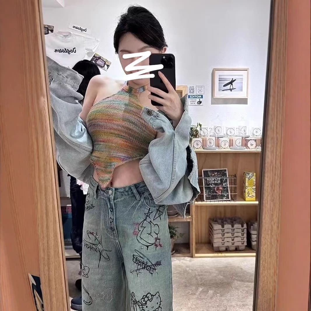 Calça jeans feminina tamanho grande com estampa retrô de grafite, cintura alta,