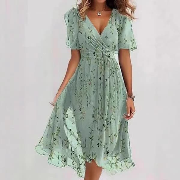 Vestido de verão com estampa floral, decote em V, corte evasê e mangas curtas pa