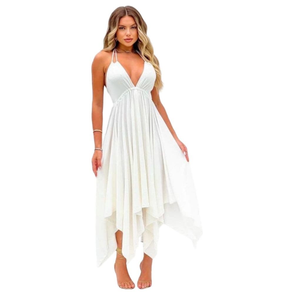 Vestido Feminino Liso Assimétrico Pontas Alongadas Decote V Elegante
