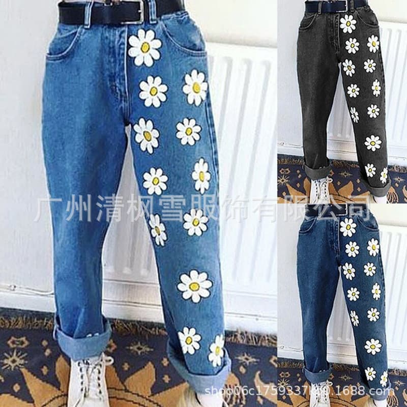 Calça Jeans com Flores moderno