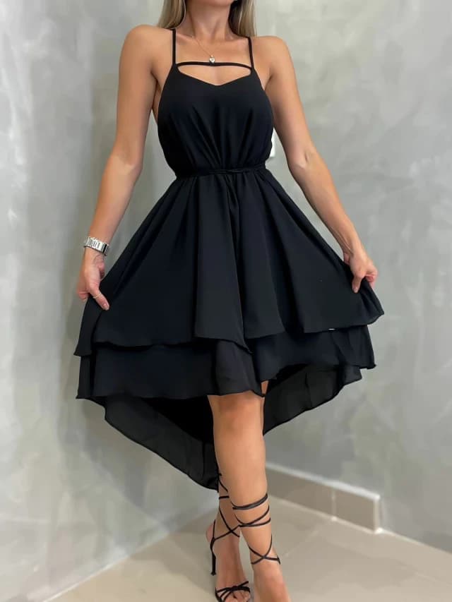 Vestido Feminino Curto em Crepe Frente Única com Babado Marise Ref. 1339