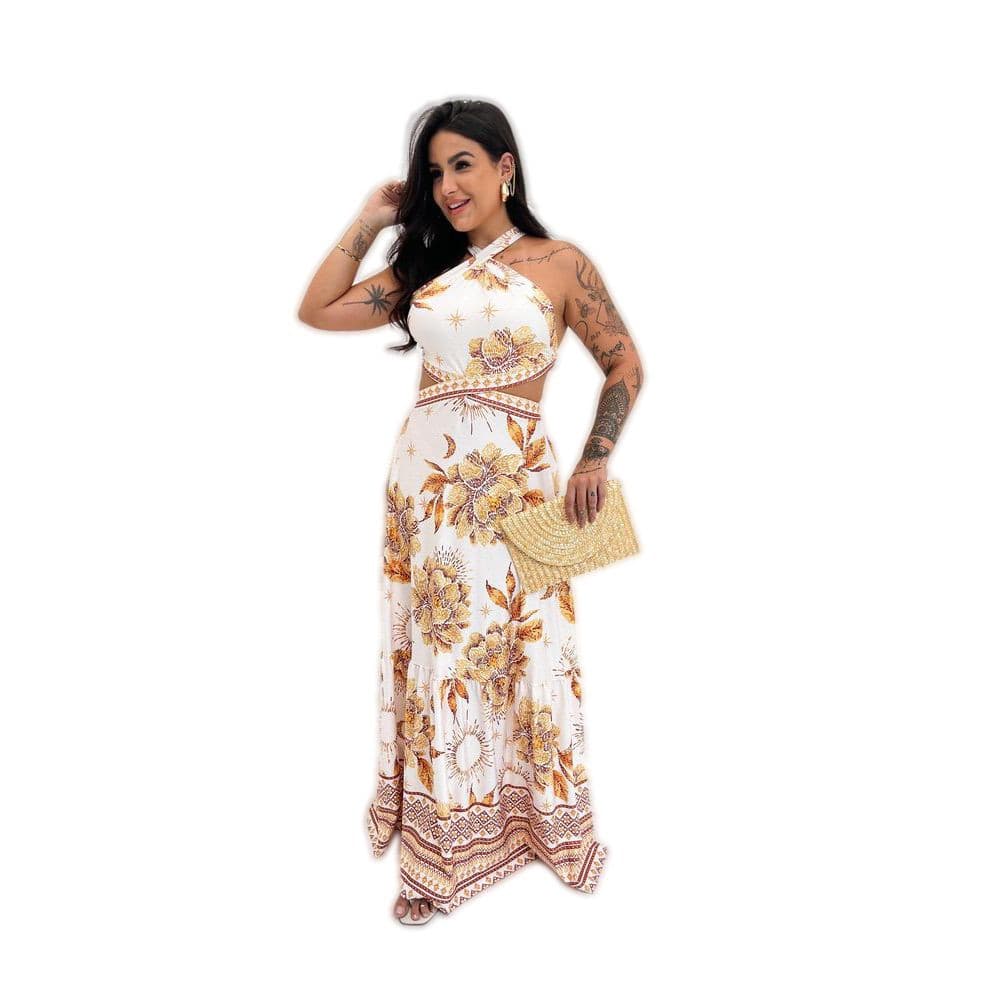 Vestido Longo Gabriela Jardim Dourado