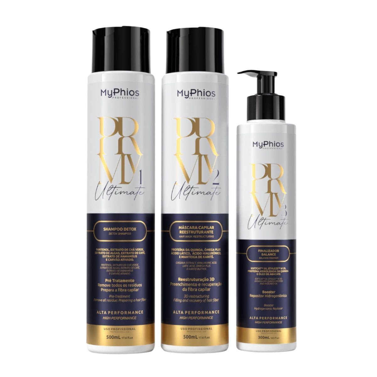 Kit MyPhios Ultimate com 3 produtos: Shampoo Detox 500ml, Máscara Capilar Reconstrutora 500ml e Finalizador Selante.