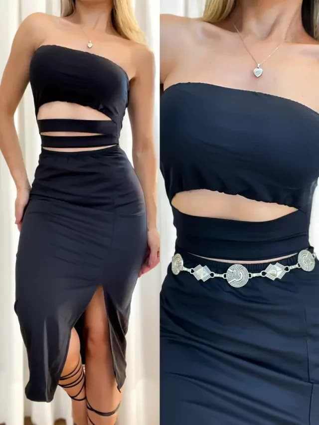 Vestido Feminino Midi em Poliamida sem Alça Recorte Triplo Thamires Ref. 1304