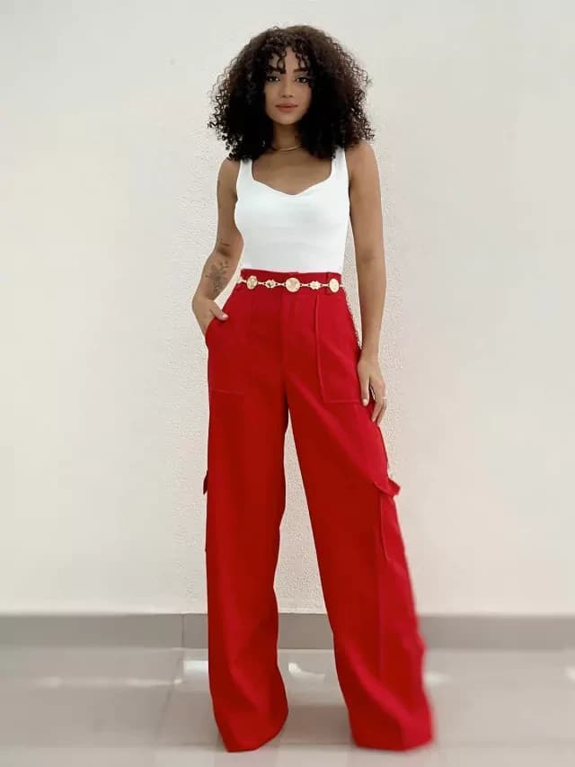 Calça Feminina Alfaiataria Pantalona Cargo Iris