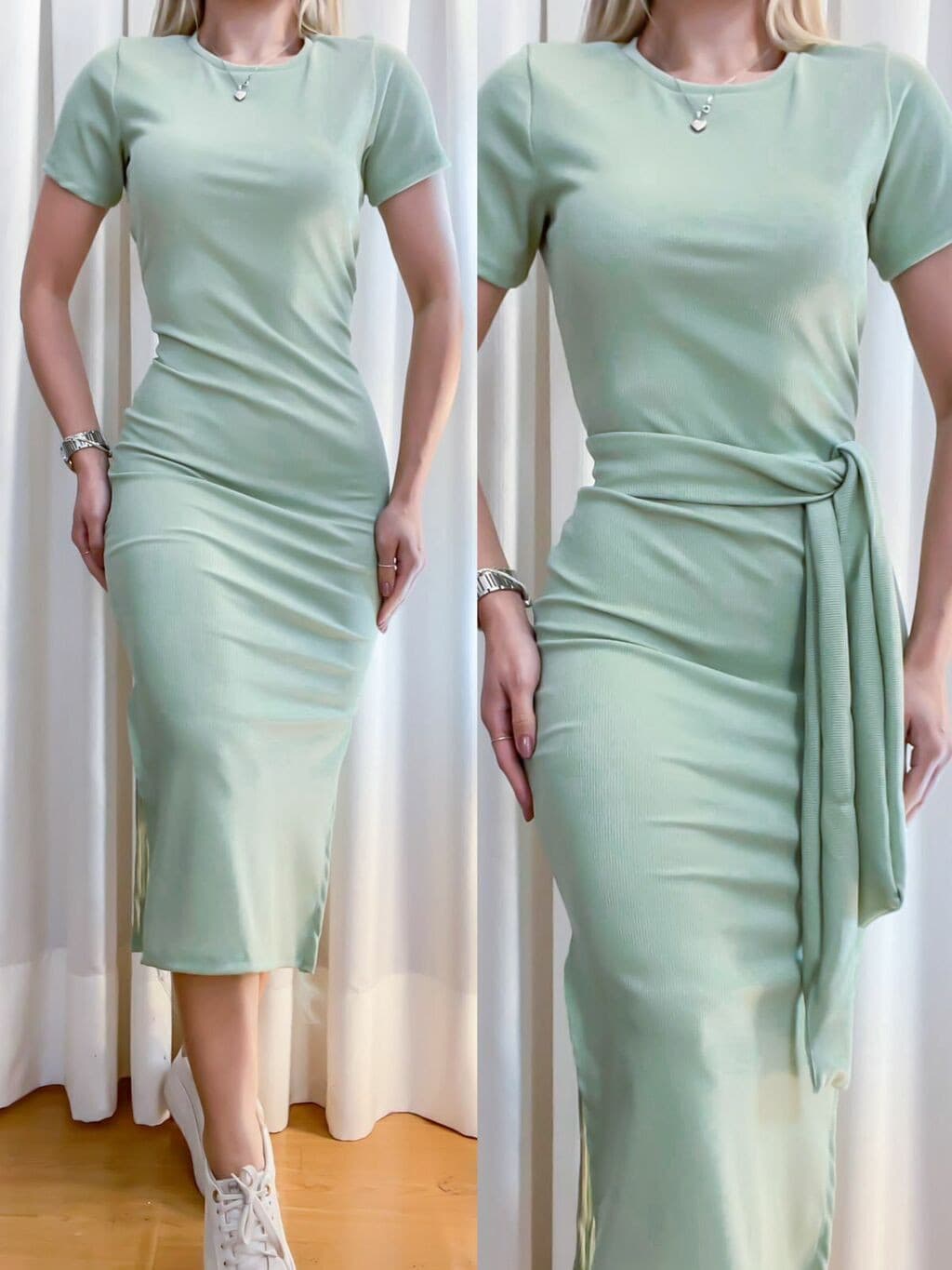 Vestido Midi em Ribana Manga Curta com Faixa Ana Alice Ref. 1092
