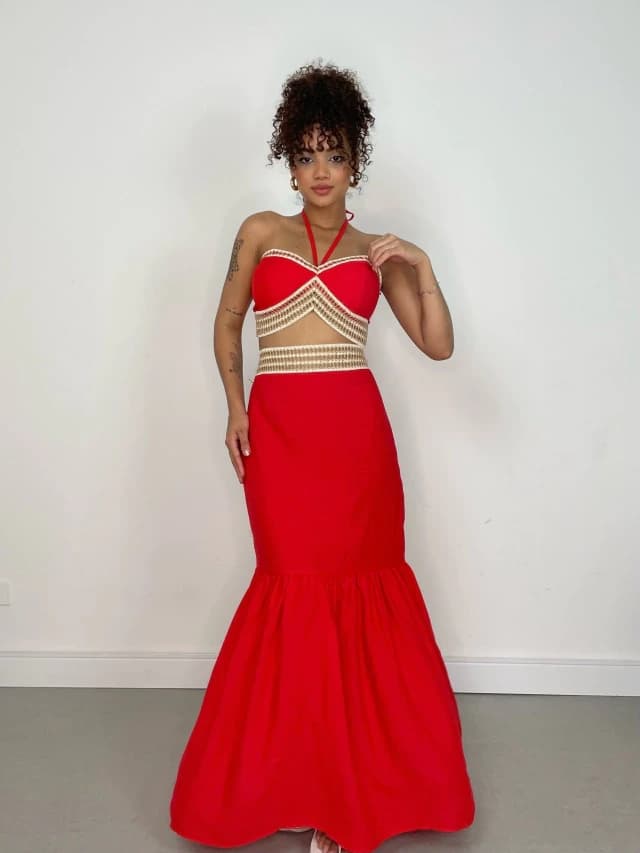 Conjunto Feminino em Viscolinho Saia Longa e Cropped Amarração Flavia Ref. 1294