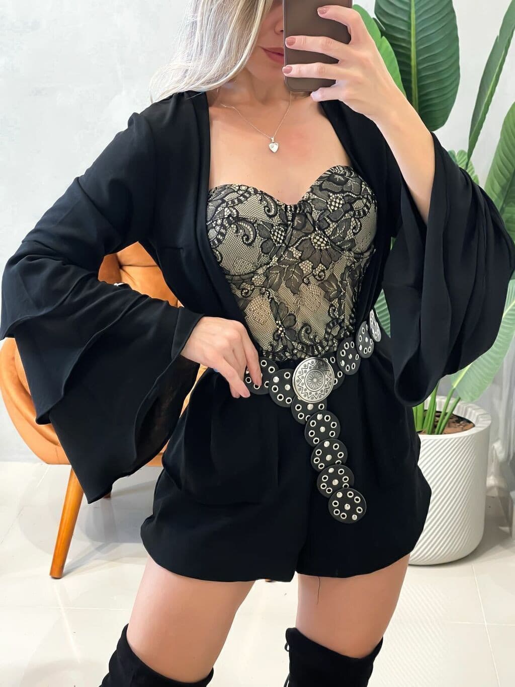Conjunto Feminino em Duna Shorts e Blusa Manga Longa Boho Chic Karen Ref. 1453