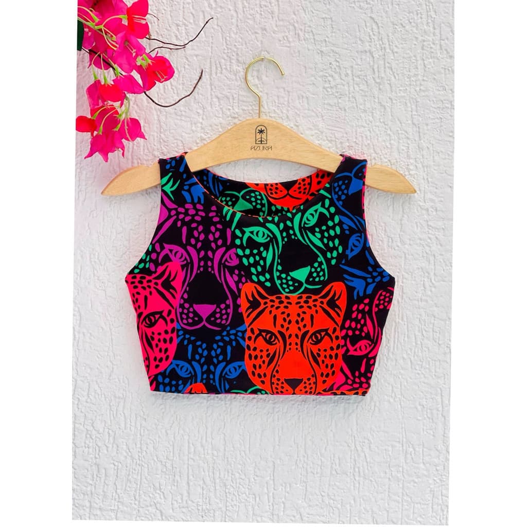 Cropped Feminino Estampado Inspiração Farm Felinos Neon Blusa Cropped Top