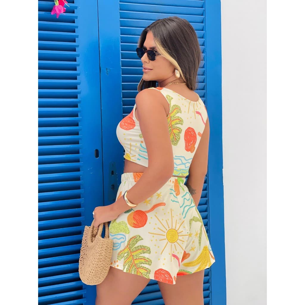 Conjunto Cropped Top + Short Cintura Alta Inspiração Farm Veraneio Tropical