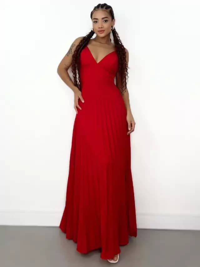 Vestido Feminino Longo em Crepinho Plissado com Amarração Raiane Ref. 1318